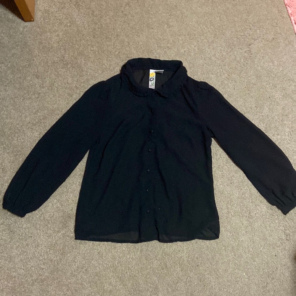 Sheer black button up with ruffled collar